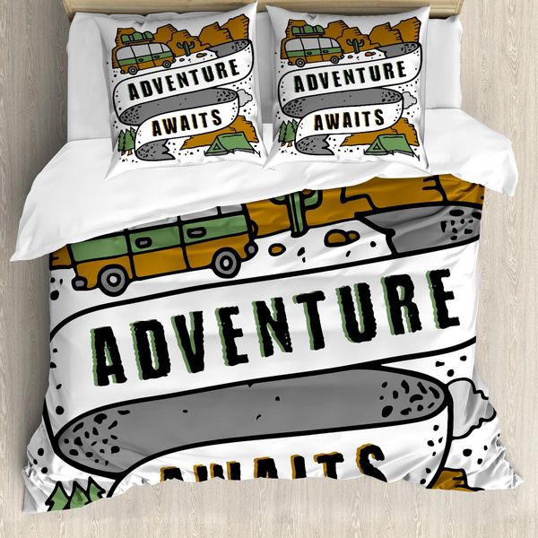 Abakuhaus Set Copripiumino Per Letto Singolo, Grafica Camping Van Doodle, Antiacaro, Adatto A Chi Soffre Di Allergie, Con Federa, 200 Cm X 200 Cm - 80 X 80 Cm, Caramello Grigio Bianco-image