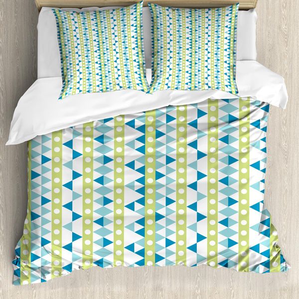 Abakuhaus Set Copripiumino Moderno Per Letti Singoli, Cerchi Geometrici E Triangoli, Antiacaro E Anallergico, Con Federa, 155 Cm X 220 Cm - 80 X 80 Cm, Verde Avocado E Blu Mare-image