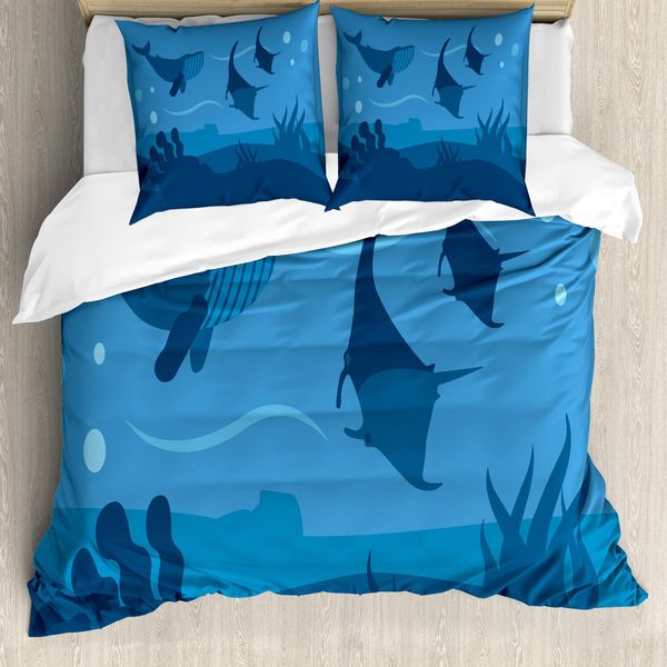 Abakuhaus Set Copripiumino Per Letti Singoli, Oceanic Animali Marini, Antiacaro Adatto A Chi Soffre Di Allergie Con Federa, 200 Cm X 200 Cm - 80 X 80 Cm, Blu Notte Blu Azzurro-image
