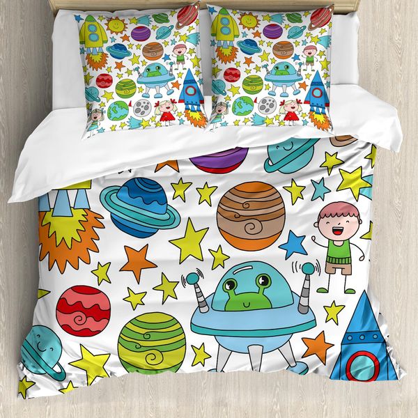 Set Copripiumino Abakuhaus Per Letti Singoli, Vivid Childish Space, Antiacaro, Adatto A Chi Soffre Di Allergie, Con Federa, 155 Cm X 220 Cm - 80 X 80 Cm, Multicolore-image