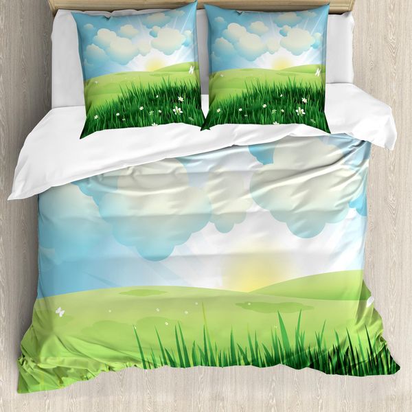 Abakuhaus Set Copripiumino Per Letti Singoli Con Motivi Floreali, Sole E Nuvole, Antiacaro, Adatto A Chi Soffre Di Allergie, Con Federa, 200 Cm X 200 Cm - 80 X 80 Cm, Verde Azzurro Cielo-image