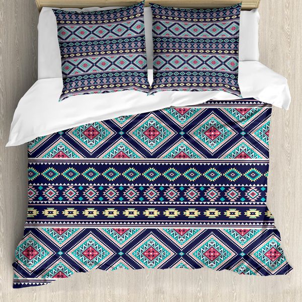 Abakuhaus Set Copripiumino Azteco Per Letti Singoli, Arte Geometrica Folcloristica, Antiacaro, Adatto A Chi Soffre Di Allergie, Con Federa, 155 Cm X 220 Cm - 80 X 80 Cm, Blu Notte Multicolore-image