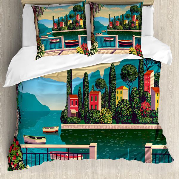 Set Copripiumino Da Viaggio Abakuhaus Per Letti Singoli, Scena Romantica Mediterranea, Antiacaro, Adatto A Chi Soffre Di Allergie, Con Federa, 200 Cm X 200 Cm - 80 X 80 Cm, Multicolore-image