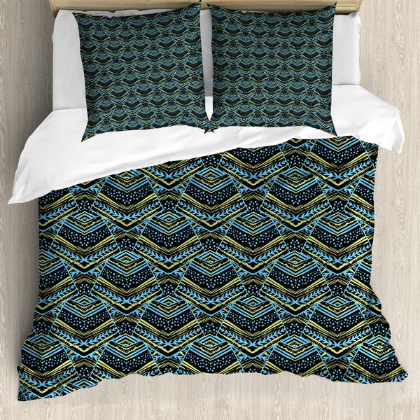 Abakuhaus Set Copripiumino Azteco Per Letti Singoli, Motivi Floreali Geometrici A Righe, Antiacaro E Anallergico, Con Federa, 155 Cm X 220 Cm - 80 X 80 Cm, Verde Chiaro E Azzurro-image