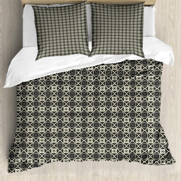 Abakuhaus Set Copripiumino Etnico Per Letti Singoli, Motivi A Quadrati Continui, Antiacaro E Anallergico, Con Federa, 200 Cm X 200 Cm - 80 X 80 Cm, Grigio Scuro E Guscio D'uovo-image