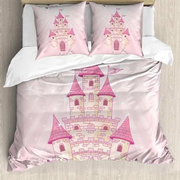 Abakuhaus Set Copripiumino Per Letto Singolo, Wonder Tale Fortress Kunst, Antiacaro, Adatto A Chi Soffre Di Allergie, Con Federa, 155 Cm X 220 Cm - 80 X 80 Cm, Rosa E Senape Chiaro-image