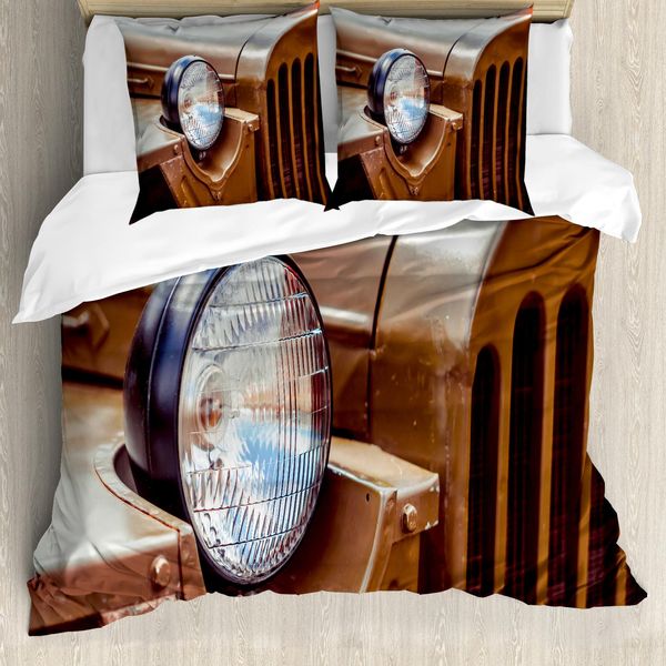 Abakuhaus Set Copripiumino Vintage Trucks Per Letti Singoli, Antique Automotive, Antiacaro, Adatto A Chi Soffre Di Allergie, Con Federa, 155 Cm X 220 Cm - 80 X 80 Cm, Cioccolato Scuro Marrone-image