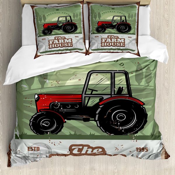 Abakuhaus Set Copripiumino Vintage Trucks Per Letti Singoli, Disegno Trattore Agricolo, Antiacaro, Adatto A Chi Soffre Di Allergie, Con Federa, 200 Cm X 200 Cm - 80 X 80 Cm, Multicolore-image