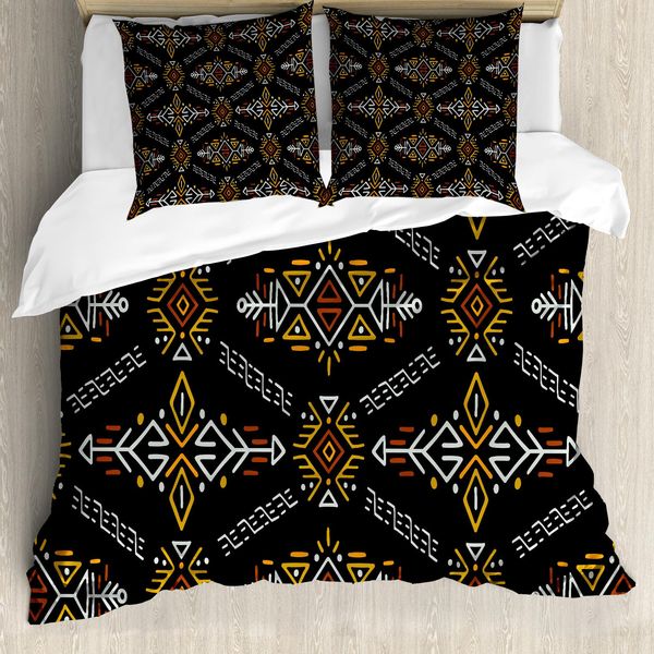Abakuhaus Set Copripiumino Per Letto Singolo, Ispirazione Azteca Ed Etnica, Antiacaro, Adatto A Chi Soffre Di Allergie, Con Federa, 200 Cm X 200 Cm - 80 X 80 Cm, Grigio Antracite E Arancione-image