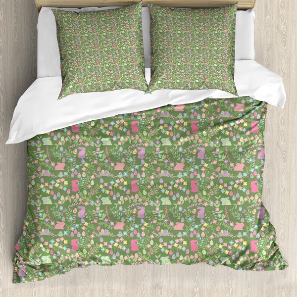 Abakuhaus Set Copripiumino Pasquale Per Letti Singoli, Fiori Pastello Uova Coniglietti, Antiacaro Adatto A Chi Soffre Di Allergie Con Federa, 200 Cm X 200 Cm - 80 X 80 Cm, Verde Reseda Multicolore-image