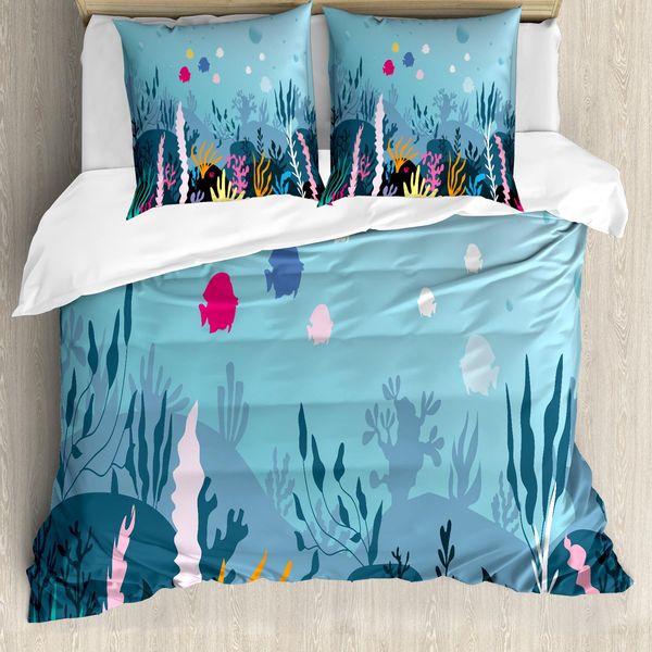 Abakuhaus Set Copripiumino Per Letti Singoli, Alghe E Coralli, Antiacaro, Adatto A Chi Soffre Di Allergie, Con Federa, 155 Cm X 220 Cm - 80 X 80 Cm, Pale Sky Blue Multicolor-image