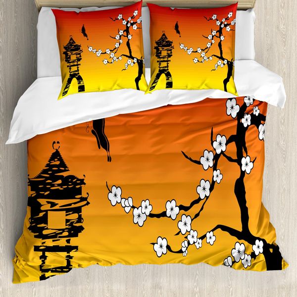Abakuhaus Set Copripiumino Per Letti Singoli Con Motivo Floreale, Sakura Japanese, Antiacaro, Adatto A Chi Soffre Di Allergie, Con Federa, 200 Cm X 200 Cm - 80 X 80 Cm, Giallo Vermiglio-image