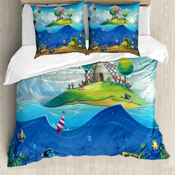 Abakuhaus Set Copripiumino Per Letti Singoli, Sotto E Un'isola, Antiacaro, Adatto A Chi Soffre Di Allergie, Con Federa, 155 Cm X 220 Cm - 80 X 80 Cm, Blu Cobalto Multicolore-image