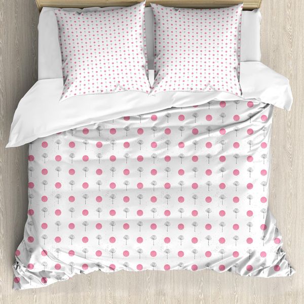Abakuhaus Set Copripiumino Per Letti Singoli, Motivo Botanico A Pois Rotondi, Antiacaro E Anallergico, Con Federa, 200 Cm X 200 Cm - 80 X 80 Cm, Rosa Pastello E Grigio-image