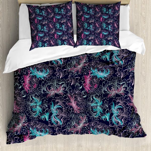 Abakuhaus Set Copripiumino Astratto Per Letti Singoli, Disegni Floreali, Antiacaro, Adatto A Chi Soffre Di Allergie, Con Federa, 200 Cm X 200 Cm - 80 X 80 Cm, Viola Scuro Multicolore-image