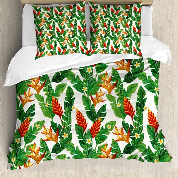 Abakuhaus Set Copripiumino Botanico Per Letti Singoli, Vibrant Banana Leaves Art, Antiacaro, Adatto A Chi Soffre Di Allergie, Con Federa, 155 Cm X 220 Cm - 80 X 80 Cm, Fern Green Vermilion-image