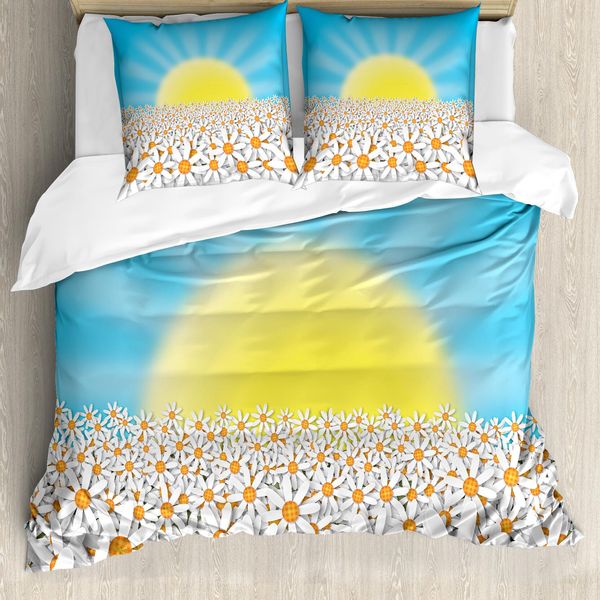 Abakuhaus Set Copripiumino Per Letto Singolo Con Motivi Floreali, Sole E Margherite, Antiacaro E Anallergico, Con Federa, 200 Cm X 200 Cm - 80 X 80 Cm, Azzurro E Multicolore-image