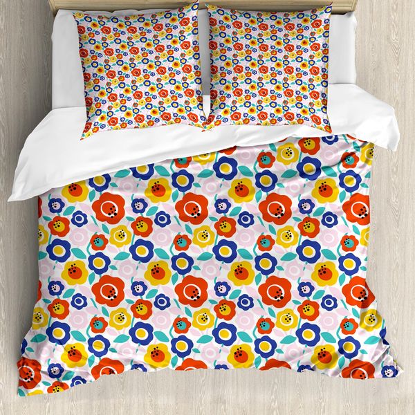 Abakuhaus Set Copripiumino Per Letti Singoli, Fiori Dai Colori Vivaci, Antiacaro, Adatto A Chi Soffre Di Allergie, Con Federa, 155 Cm X 220 Cm - 80 X 80 Cm, Vermiglio E Multicolore-image
