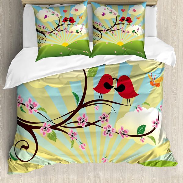 Abakuhaus Set Copripiumino Per Letto Singolo Con Motivo Floreale, Uccellini Su Un Albero, Antiacaro, Adatto A Chi Soffre Di Allergie, Con Federa, 200 Cm X 200 Cm - 80 X 80 Cm, Fern Green Multicolor-image