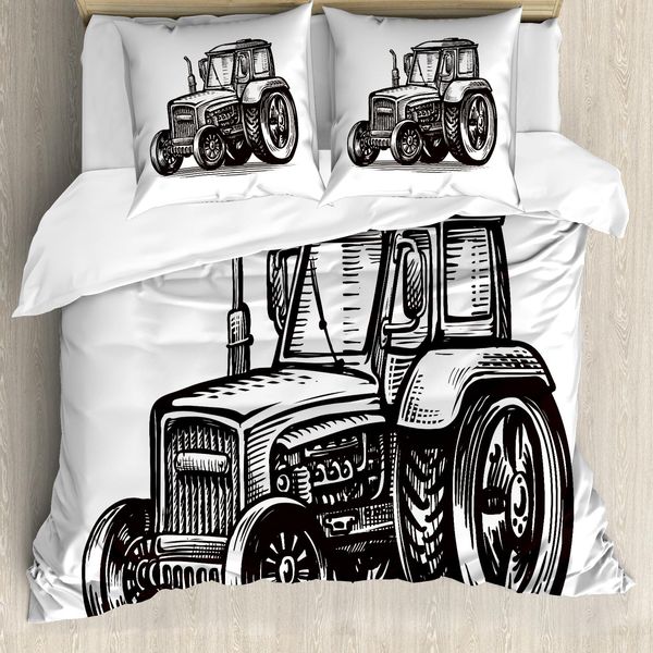 Abakuhaus Set Copripiumino Vintage Trucks Per Letti Singoli, Disegno Trattore Agricolo, Antiacaro, Adatto A Chi Soffre Di Allergie, Con Federa, 200 Cm X 200 Cm - 80 X 80 Cm, Marrone Scuro E Bianco-image