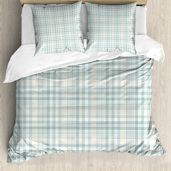 Abakuhaus Set Copripiumino Dai Colori Tenui Per Letti Singoli, Motivo A Quadri Pastello, Antiacaro E Anallergico, Con Federa, 155 Cm X 220 Cm - 80 X 80 Cm, Blu Cadetto E Beige-image