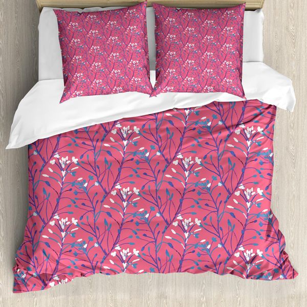 Abakuhaus Set Copripiumino Botanico Per Letti Singoli, Foglie E Fiori Stilizzati, Antiacaro, Adatto A Chi Soffre Di Allergie, Con Federa, 200 Cm X 200 Cm - 80 X 80 Cm, Blu Mare Fucsia-image
