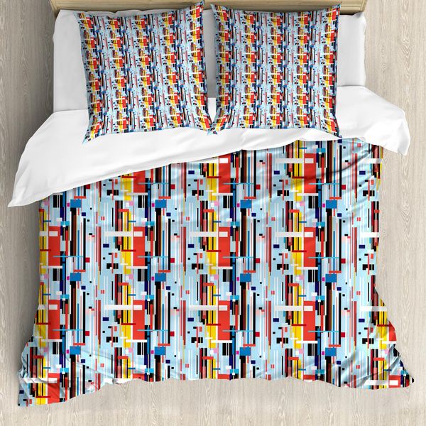 Abakuhaus Set Copripiumino Moderno Per Letti Singoli, Strisce Digitali Colorate, Antiacaro, Adatto A Chi Soffre Di Allergie, Con Federa, 155 Cm X 220 Cm - 80 X 80 Cm, Multicolore-image