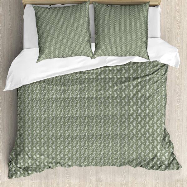 Abakuhaus Set Copripiumino Dai Colori Tenui Per Letti Singoli, Rami Con Foglie Naturali, Antiacaro, Adatto A Chi Soffre Di Allergie, Con Federa, 155 Cm X 220 Cm - 80 X 80 Cm, Verde Chiaro E Bianco-image