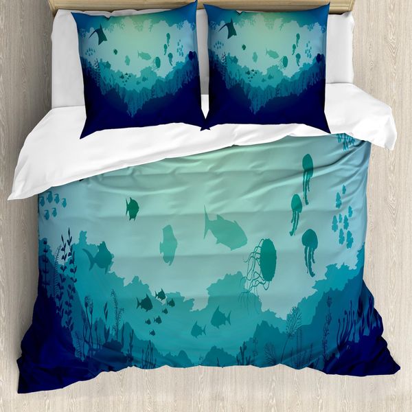 Abakuhaus Set Copripiumino Per Letti Singoli, Meduse Coralli Mammiferi, Antiacaro Adatto A Chi Soffre Di Allergie Con Federa, 155 Cm X 220 Cm - 80 X 80 Cm, Blu Verde Mandorla-image