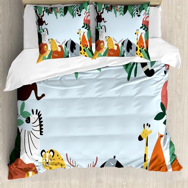 Abakuhaus Set Copripiumino Per Letti Singoli, Animali Selvatici E Foglie Esotiche, Antiacaro, Adatto A Chi Soffre Di Allergie, Con Federa, 155 Cm X 220 Cm - 80 X 80 Cm, Azzurro Multicolore-image