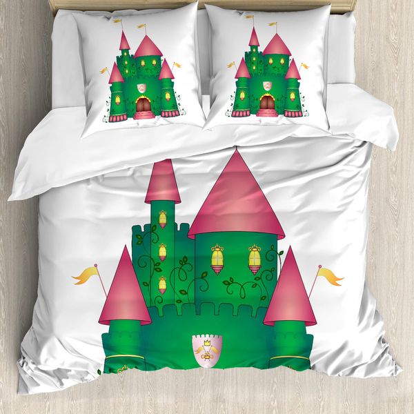 Abakuhaus Set Copripiumino Per Letto Singolo, Fortress Cartoon Colorato, Antiacaro, Adatto A Chi Soffre Di Allergie, Con Federa, 200 Cm X 200 Cm - 80 X 80 Cm, Bianco, Verde, Rosa-image