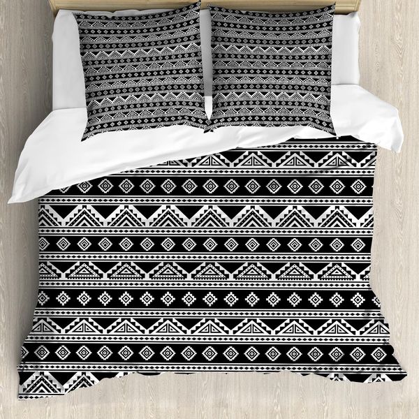 Abakuhaus Set Copripiumino Azteco Per Letti Singoli, Motivi Aborigeni Monocromatici, Antiacaro, Adatto A Chi Soffre Di Allergie, Con Federa, 155 Cm X 220 Cm - 80 X 80 Cm, Grigio Antracite Bianco-image