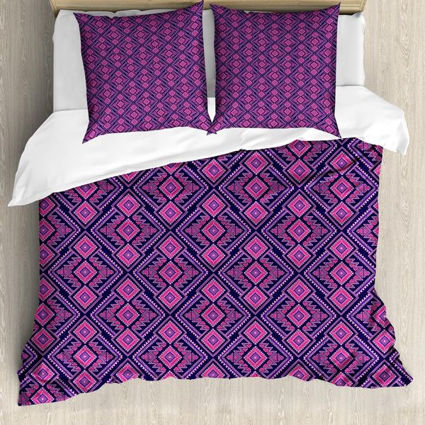 Abakuhaus Set Copripiumino Azteco Per Letti Singoli, Composizione Bohemian Vibrant, Antiacaro, Adatto A Chi Soffre Di Allergie, Con Federa, 155 Cm X 220 Cm - 80 X 80 Cm, Indaco-Rosa-image