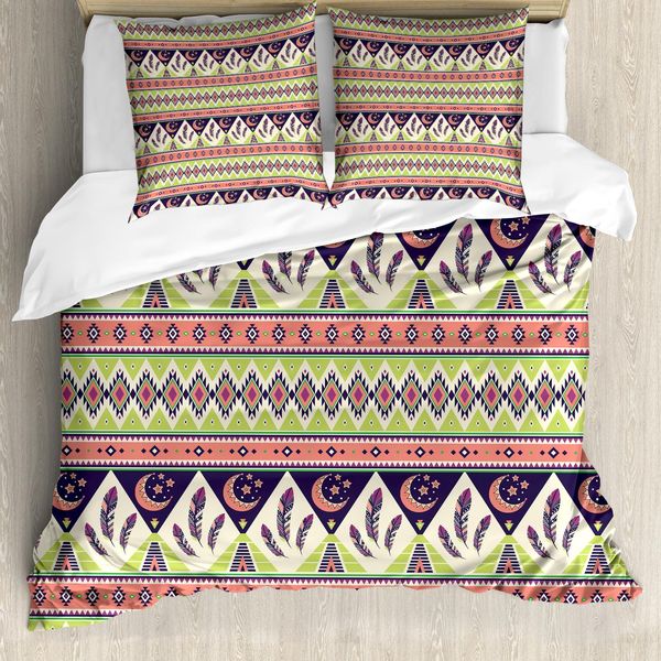 Abakuhaus Set Copripiumino Azteco Per Letti Singoli, Crescent Stars And Feathers, Antiacaro, Adatto A Chi Soffre Di Allergie, Con Federa, 155 Cm X 220 Cm - 80 X 80 Cm, Multicolore-image