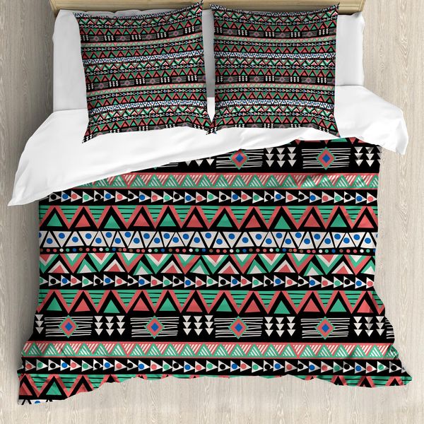 Abakuhaus Set Copripiumino Azteco Per Letti Singoli, Stile Etnico Con Triangoli Artistici, Antiacaro E Anallergico, Con Federa, 155 Cm X 220 Cm - 80 X 80 Cm, Multicolore-image