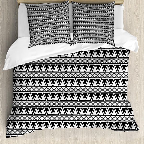 Abakuhaus Set Copripiumino Azteco Per Letti Singoli, Triangoli Monocromatici, Antiacaro, Adatto A Chi Soffre Di Allergie, Con Federa, 155 Cm X 220 Cm - 80 X 80 Cm, Grigio Antracite E Bianco-image