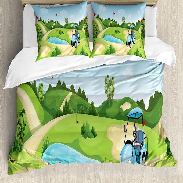 Abakuhaus Set Copripiumino Per Letto Singolo Con Motivo Golf, Bandiere Hills, Antiacaro, Adatto A Chi Soffre Di Allergie, Con Federa, 155 Cm X 220 Cm - 80 X 80 Cm, Verde Mela Multicolore-image