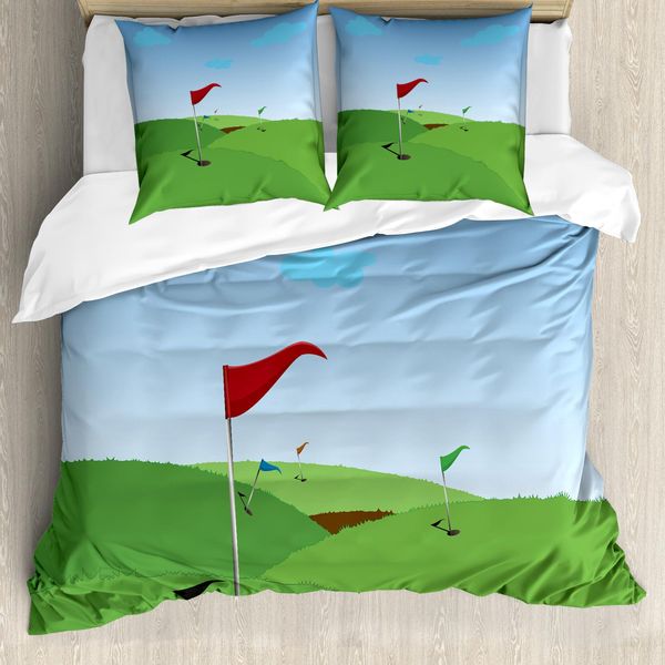 Abakuhaus Set Copripiumino Per Letto Singolo Con Motivo Golf, Bandiera Grassy Hills, Antiacaro, Adatto A Chi Soffre Di Allergie, Con Federa, 155 Cm X 220 Cm - 80 X 80 Cm, Verde Mela, Azzurro Cielo-image