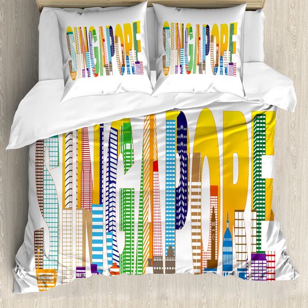 Abakuhaus Singapore Set Copripiumino Per Letti Singoli, Disegno Con Scritte Luminose, Antiacaro, Adatto A Chi Soffre Di Allergie, Con Federa, 200 Cm X 200 Cm - 80 X 80 Cm, Multicolore-image