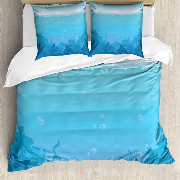 Abakuhaus Set Copripiumino Per Letti Singoli, Paesaggio Sottomarino Con Palme, Antiacaro, Adatto A Chi Soffre Di Allergie, Con Federa, 200 Cm X 200 Cm - 80 X 80 Cm, Azzurro Cielo E Blu Mare-image