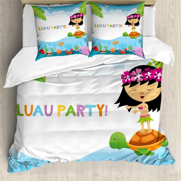 Set Copripiumino Abakuhaus Luau Per Letti Singoli, Ragazza Hula Su Una Tartaruga, Antiacaro, Adatto A Chi Soffre Di Allergie, Con Federa, 155 Cm X 220 Cm - 80 X 80 Cm, Pale Sky Blue Multicolor-image