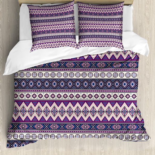 Abakuhaus Set Copripiumino Azteco Per Letti Singoli, Triangoli Tribali Viola Sintetici, Antiacaro, Adatto A Chi Soffre Di Allergie, Con Federa, 155 Cm X 220 Cm - 80 X 80 Cm, Multicolore-image
