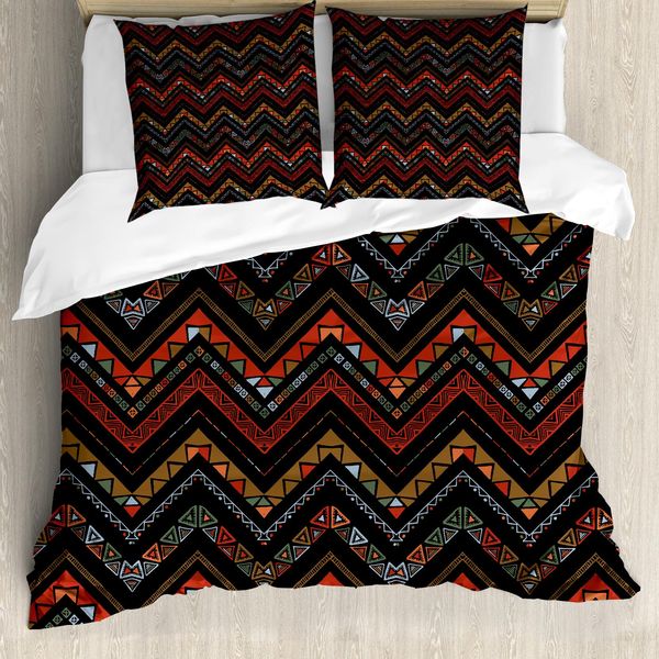 Abakuhaus Set Copripiumino Azteco Per Letti Singoli, Motivo Etnico A Zigzag Chevron, Antiacaro E Anallergico, Con Federa, 200 Cm X 200 Cm - 80 X 80 Cm, Grigio Antracite Vermiglio-image