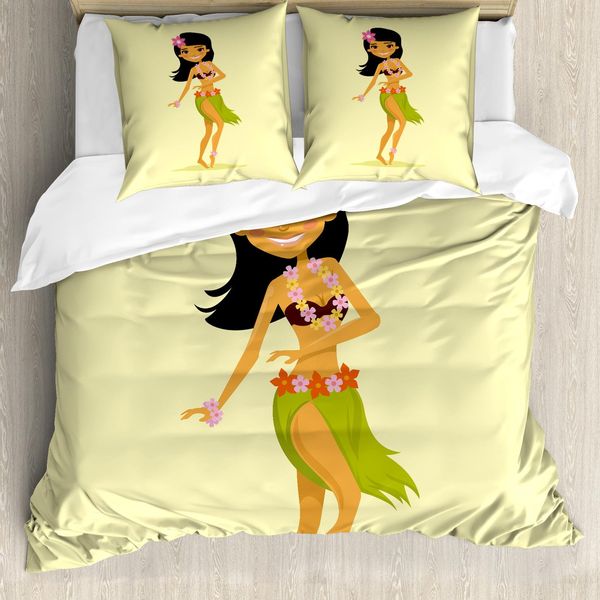 Set Copripiumino Abakuhaus Luau Per Letti Singoli, Caricatura Di Ballerina Hawaiana, Antiacaro, Adatto A Chi Soffre Di Allergie, Con Federa, 200 Cm X 200 Cm - 80 X 80 Cm, Giallo Pallido Multicolore-image