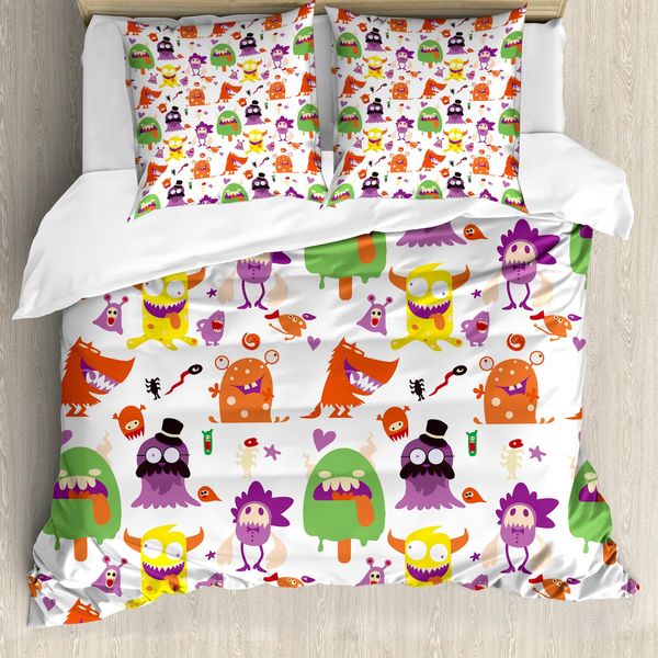 Abakuhaus Set Copripiumino Extraterrestre Per Letti Singoli, Mostri E Animali Divertenti, Antiacaro, Adatto A Chi Soffre Di Allergie, Con Federa, 155 Cm X 220 Cm - 80 X 80 Cm, Arancione Bruciato Multicolore-image