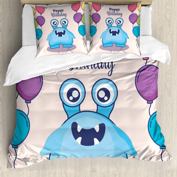 Abakuhaus Set Copripiumino Extraterrestre Per Letti Singoli, Buon Compleanno Fun Monster, Antiacaro, Adatto A Chi Soffre Di Allergie, Con Federa, 200 Cm X 200 Cm - 80 X 80 Cm, Multicolore-image
