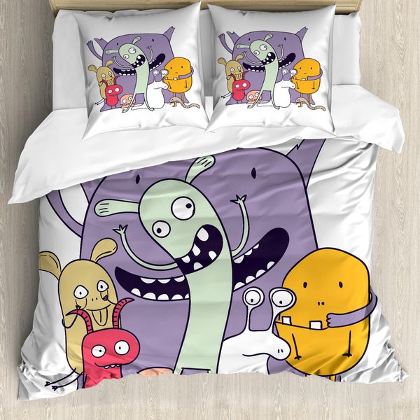 Abakuhaus Set Copripiumino Extraterrestre Per Letti Singoli, Mostri O Bestie Spaventosi E Divertenti, Antiacaro, Adatto A Chi Soffre Di Allergie, Con Federa, 155 Cm X 220 Cm - 80 X 80 Cm, Malva E Multicolore-image
