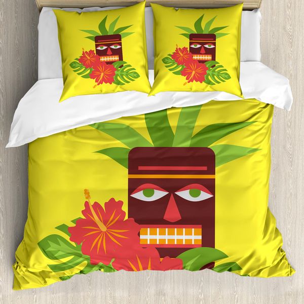 Set Copripiumino Abakuhaus Luau Per Letti Singoli, Tiki Ed Exotic Hibiscus, Antiacaro, Adatto A Chi Soffre Di Allergie, Con Federa, 200 Cm X 200 Cm - 80 X 80 Cm, Giallo E Multicolore-image