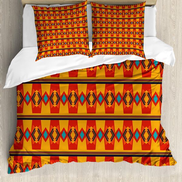Abakuhaus Set Copripiumino Azteco Per Letti Singoli, Tonalità Calde, Arte Geometrica, Antiacaro, Adatto A Chi Soffre Di Allergie, Con Federa, 155 Cm X 220 Cm - 80 X 80 Cm, Blu Vermiglio Calendula-image