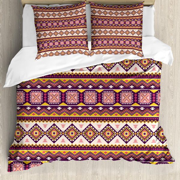Abakuhaus Set Copripiumino Azteco Per Letti Singoli, Triangles Vibrant Tone Kunst, Antiacaro, Adatto A Chi Soffre Di Allergie, Con Federa, 155 Cm X 220 Cm - 80 X 80 Cm, Salmone Melanzana-image